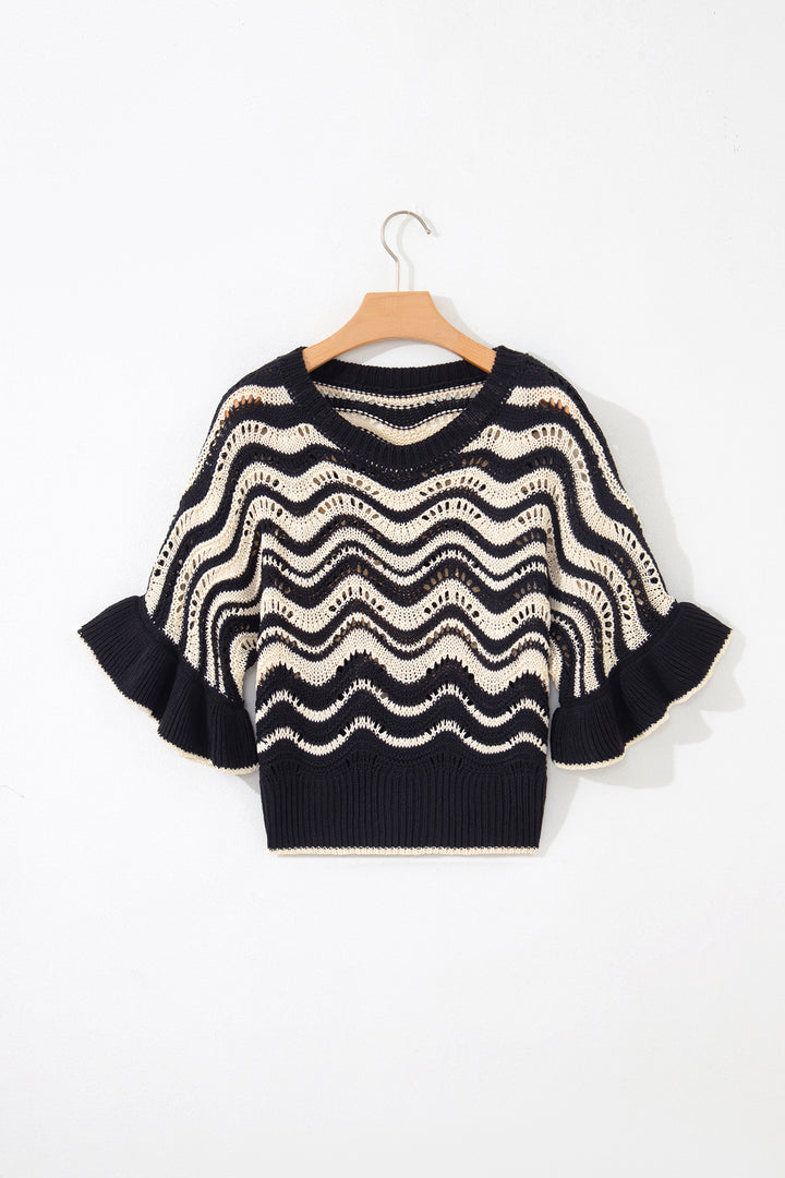 Beige Stripe Wavy Crochet Eyelet Detail Ruffle Half Sleeve Sweater
