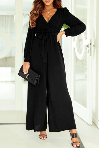 Black Cutout Back Belted V Neck Wide Leg Jumpsuit