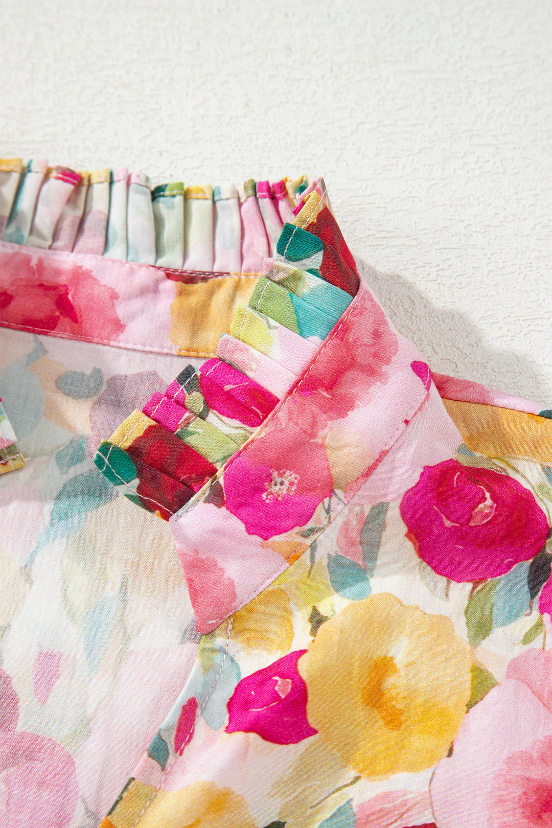 Pink Floral Frilled V Neck Puff Short Sleeve Blouse