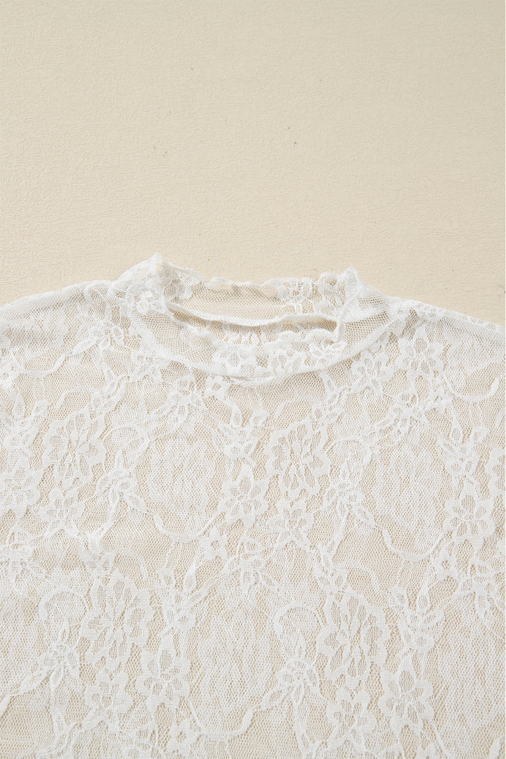 White Sheer Lace Mesh Mock Neck Slim Fit Long Sleeve Top