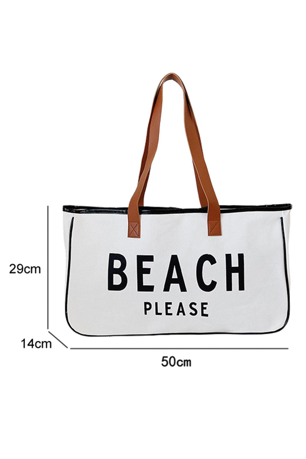 White BEACH PLEASE Print Large Canvas Tote Bag