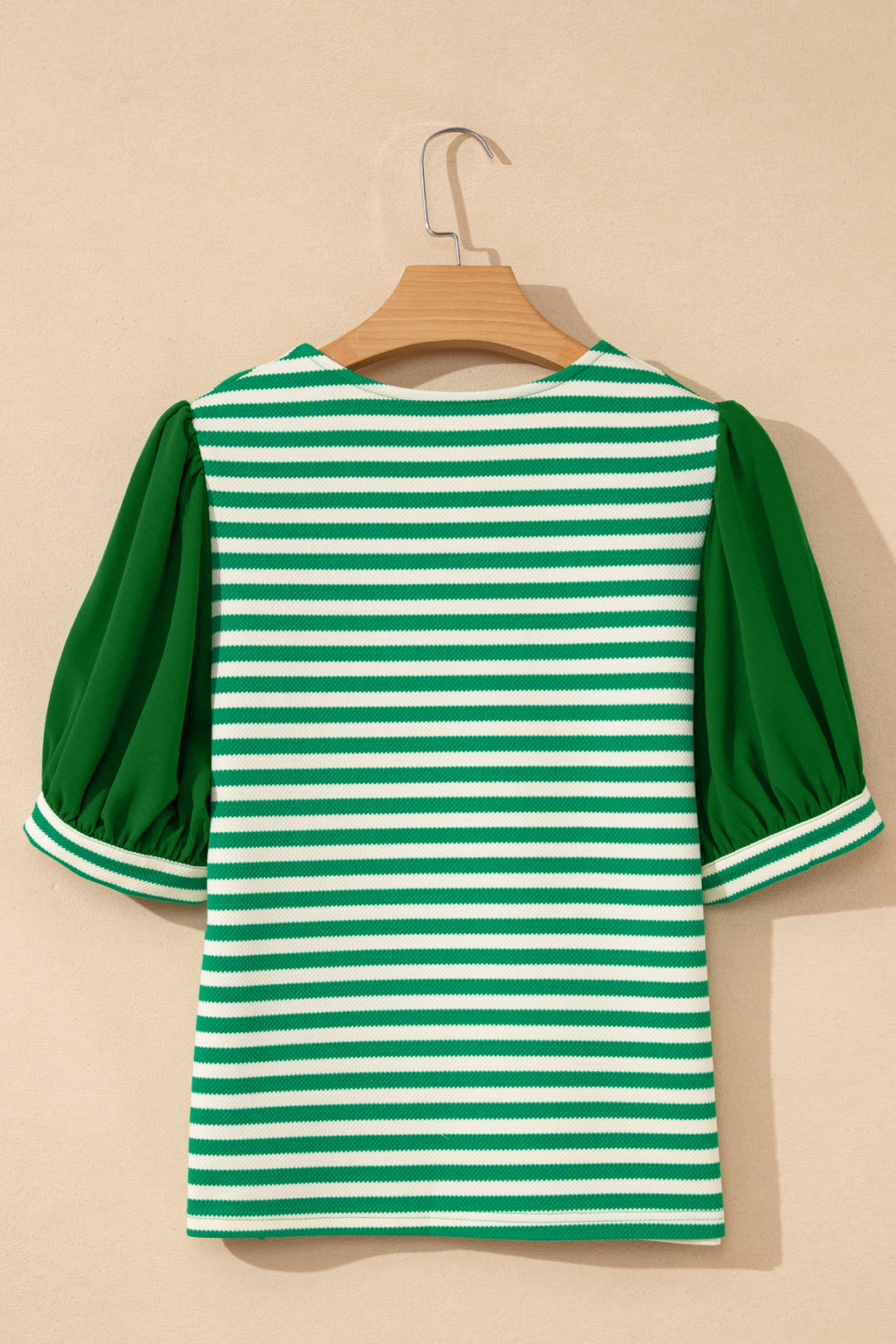 Green Stripe Puff Short Sleeve Patchwork V Neck Blouse