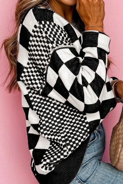 Checkered Round Neck Long Sleeve Sweater