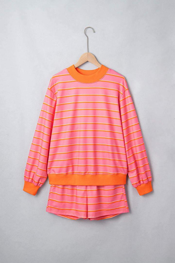 Rose Stripe Color Block Trim Long Sleeve Pullover Pocketed Shorts 2pcs Set