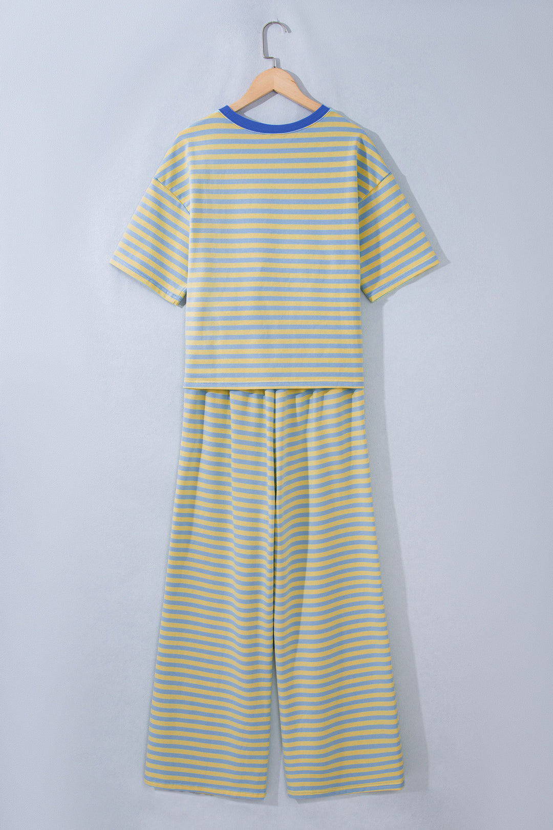 Pink Stripe Colorblock Trim Crew Neck Loose Tee Drawstring Elastic Waist 2pcs Pant Set