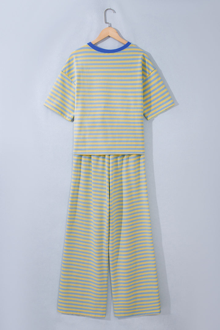 Pink Stripe Colorblock Trim Crew Neck Loose Tee Drawstring Elastic Waist 2pcs Pant Set