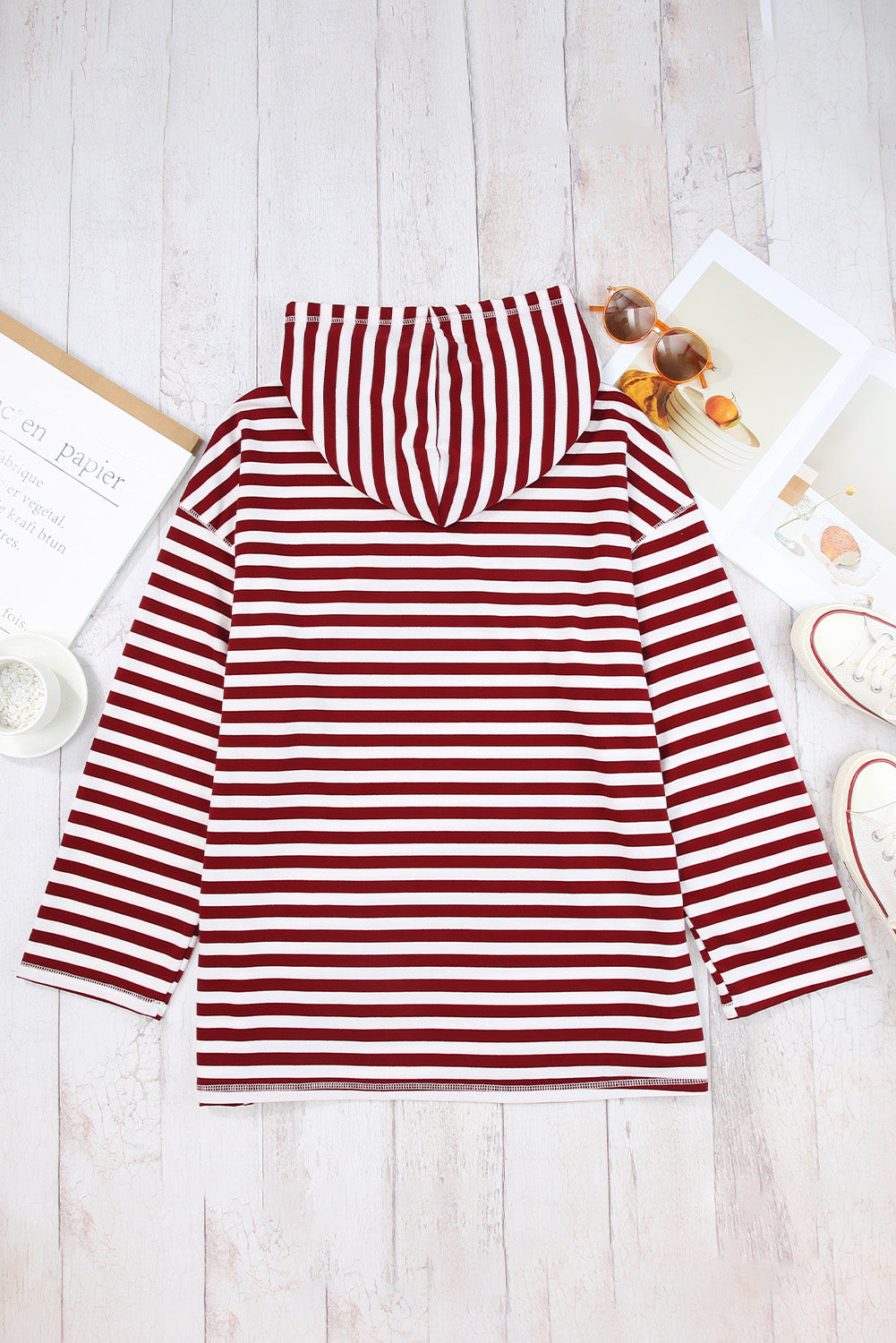 Burgundy Stripe Kangaroo Pocket Drawstring Hoodie