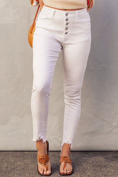 White Plain High Waist Buttons Frayed Cropped Denim Jeans