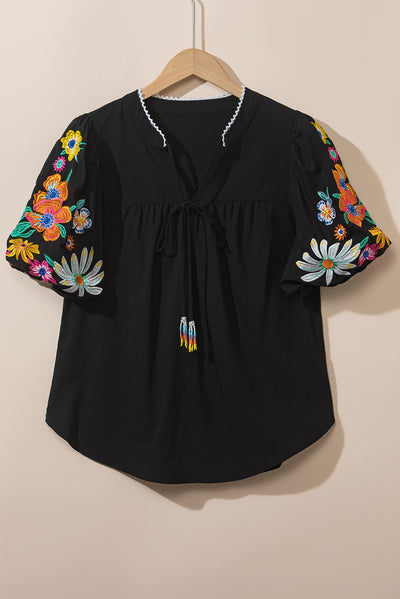 Black Floral Embroidered Puff Sleeve Split Neck Blouse