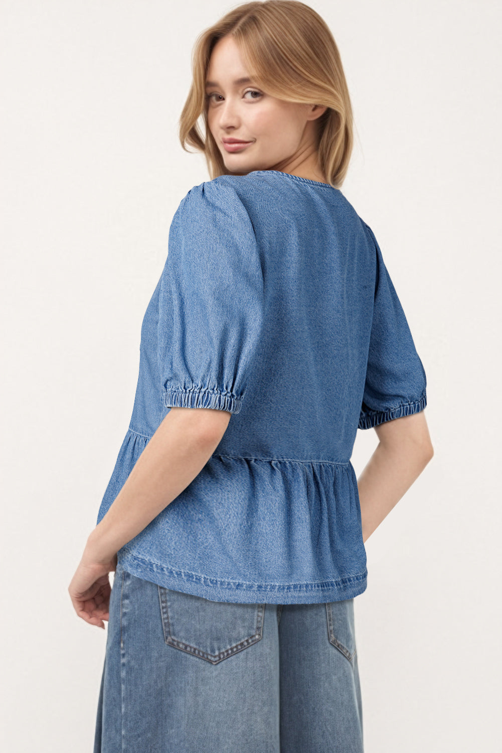 Dusk Blue Tied Front Bubble Sleeve Peplum Denim Shirt