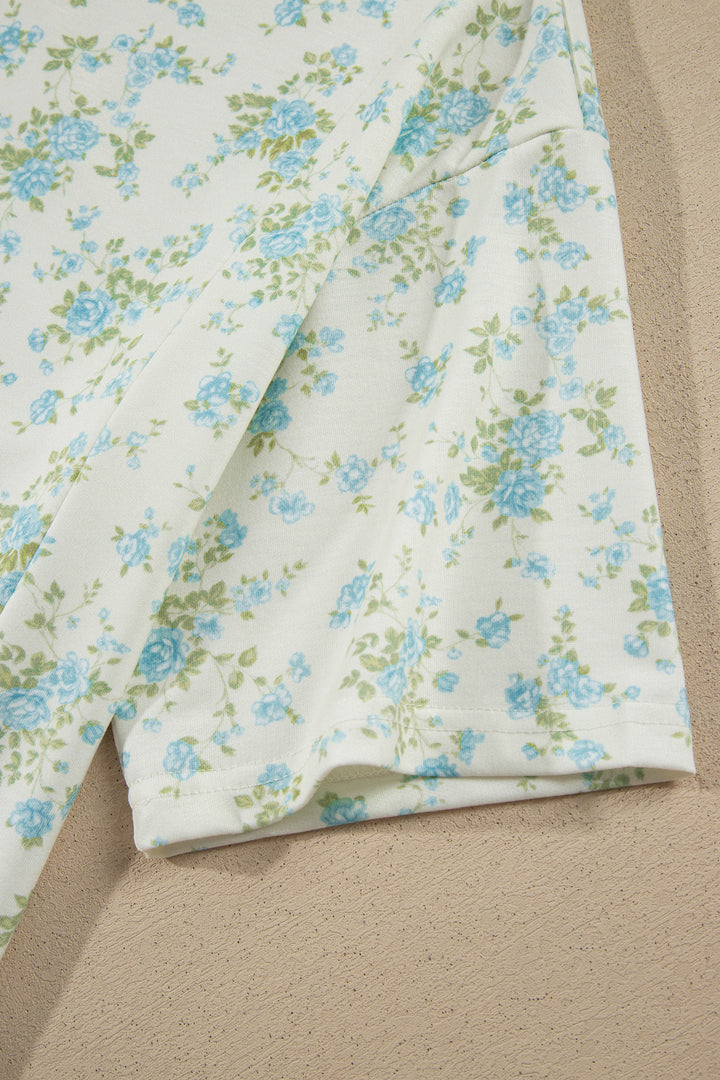 Sky Blue Floral Print Short Sleeve Elastic Waist Pocket Casual Two Piece Short Sets