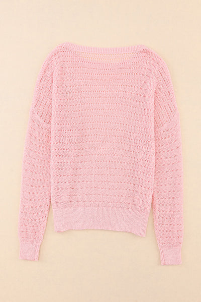 Pink Knitted Eyelets Round Neck Long Sleeve Top