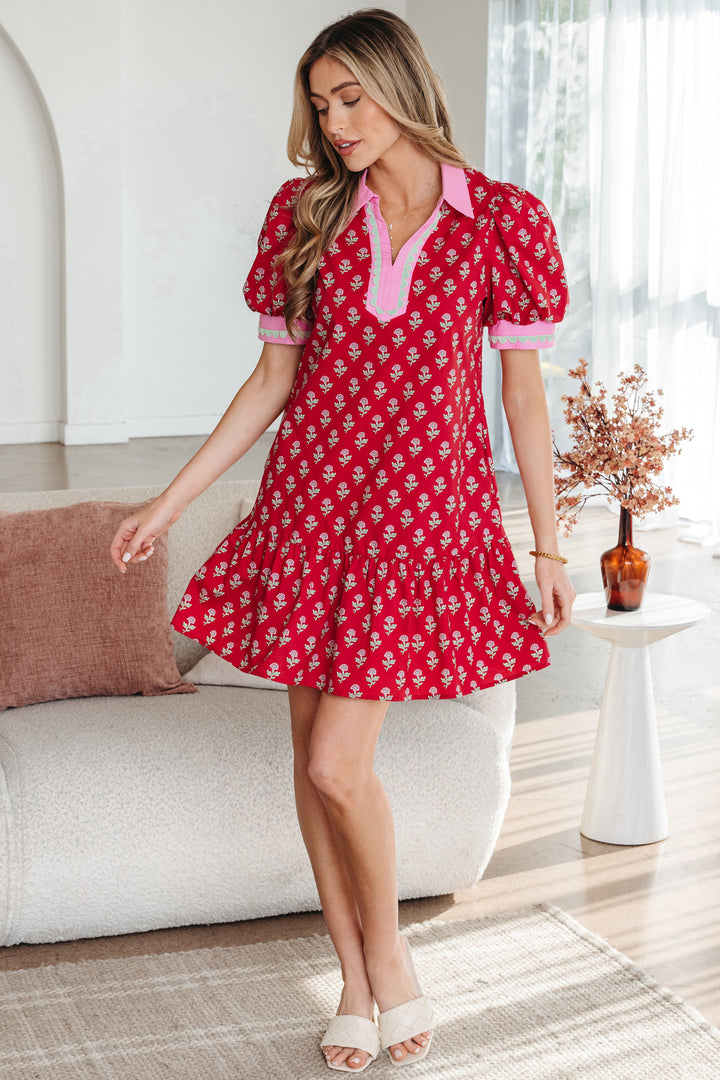 Red Floral Print Contrasted V Neck Short Bubble Sleeve Mini Dress