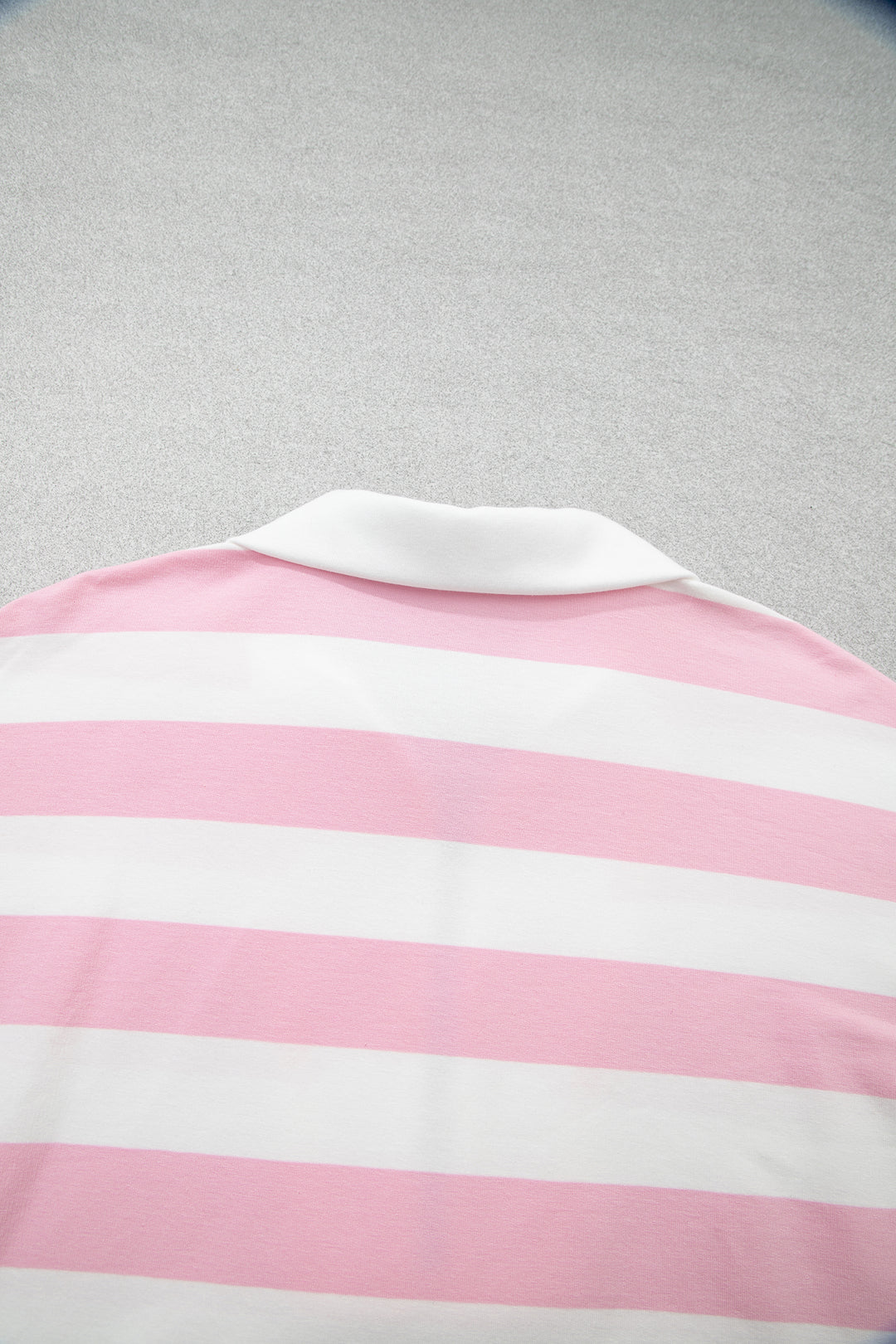 Pink Stripe Color Block Patchwork Zip Long Sleeve Top Elastic Waist Pants Set