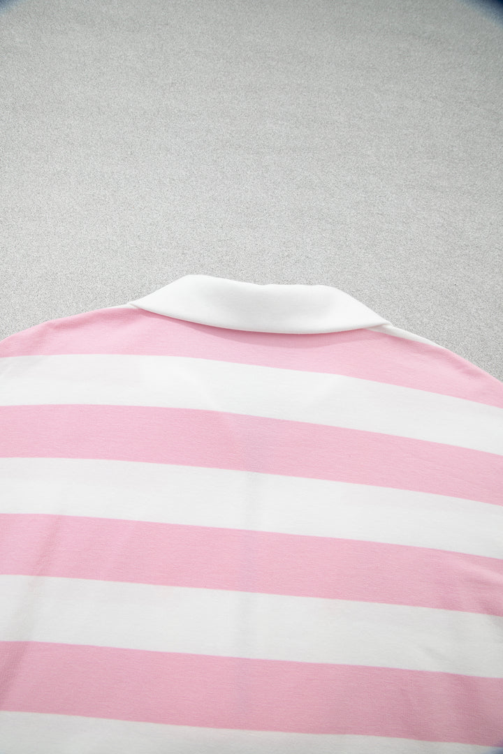Pink Stripe Color Block Patchwork Zip Long Sleeve Top Elastic Waist Pants Set