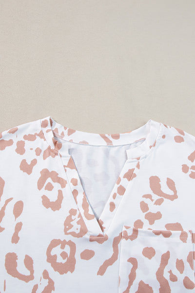 White Plus Size Leopard Print V Neck Short Sleeve Top