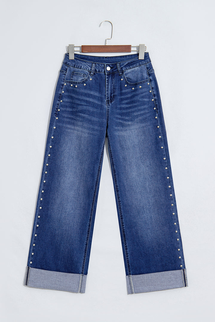 Black Studded Detail Straight Leg Casual Loose Jeans
