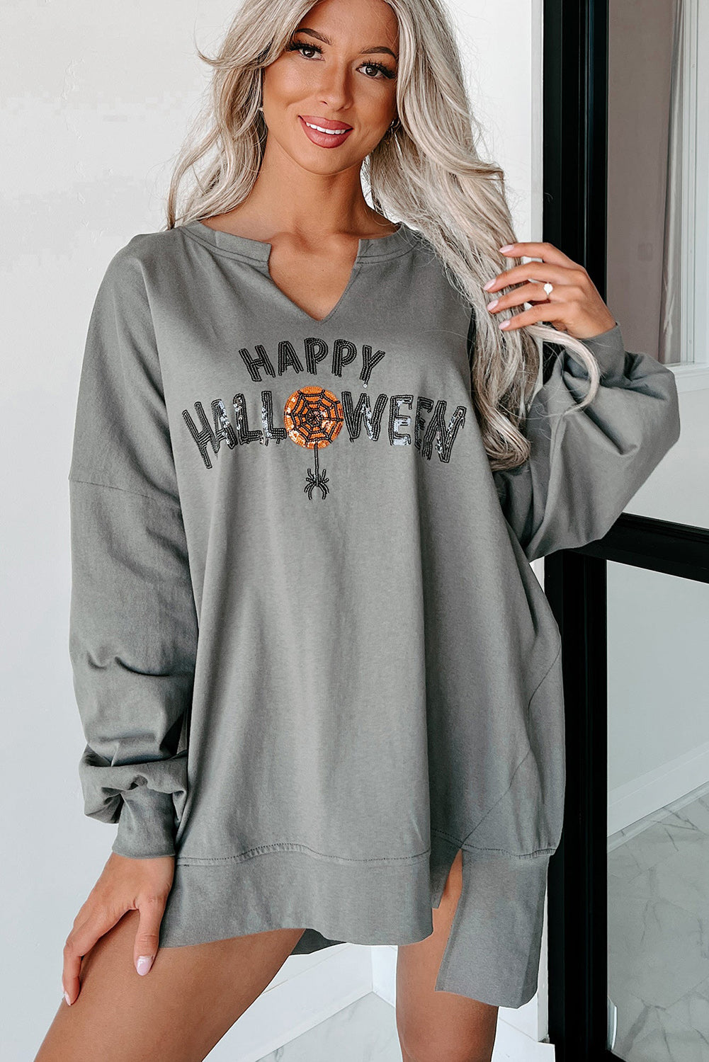 Medium Grey Sequin Happy Halloween Graphic Notched Neck Long Sleeve Loose Top