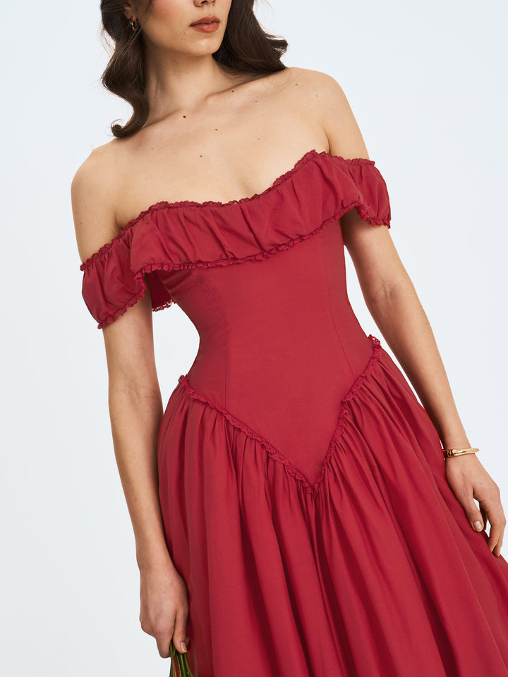 Xavy Crimson Off-Shoulder Corset Midi Dress