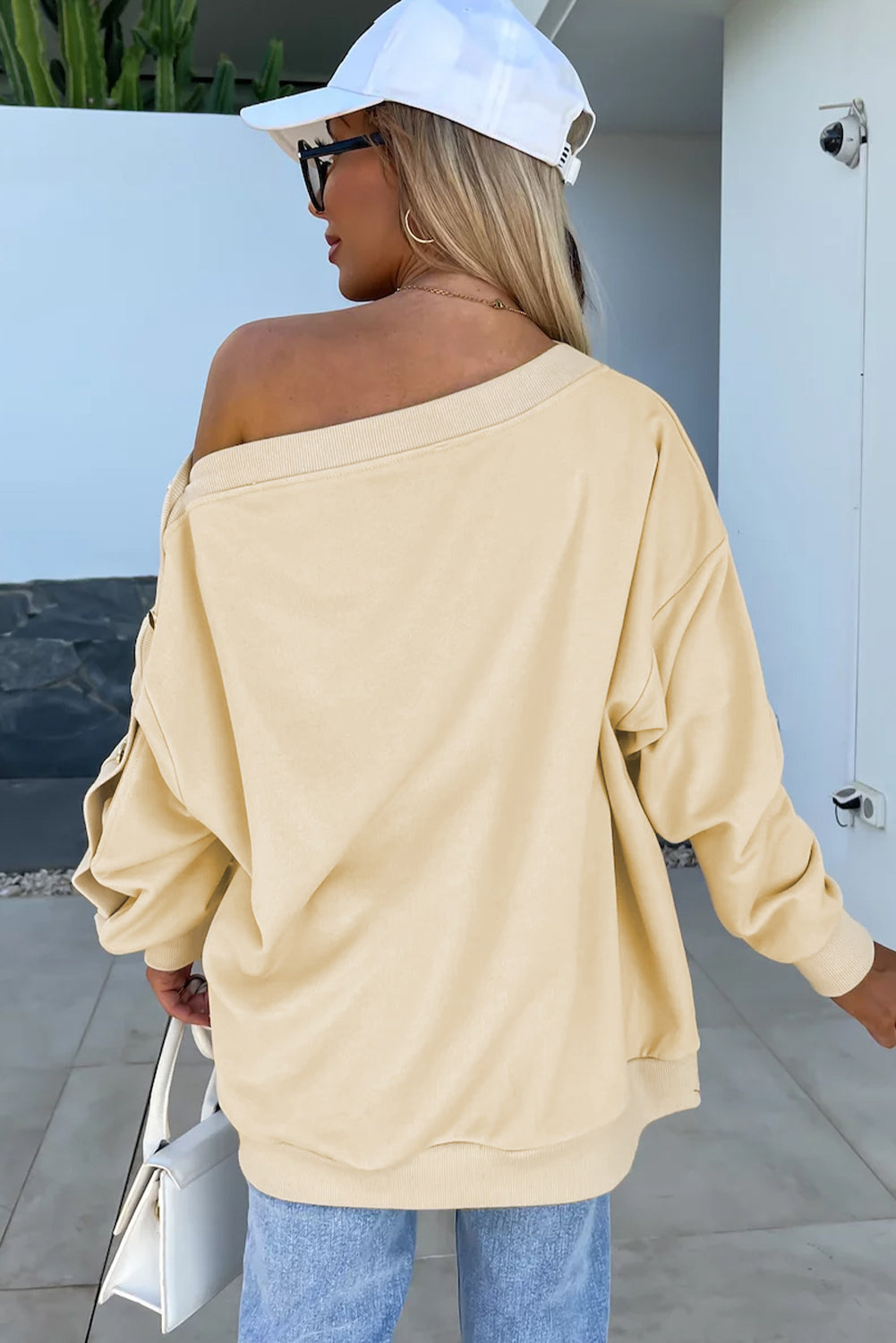 Beige Buttoned Sleeve Dropped Shoulder Sweatshirt