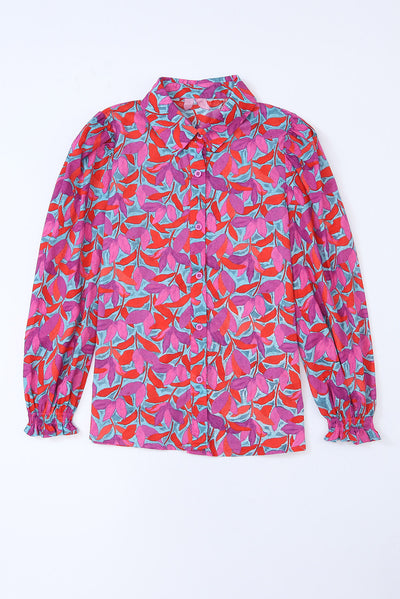 Multicolor Abstract Floral Button Up Long Puff Sleeve Shirt