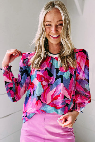 Multicolor Floral Print Ruched Sleeve Puff Sleeve Blouse