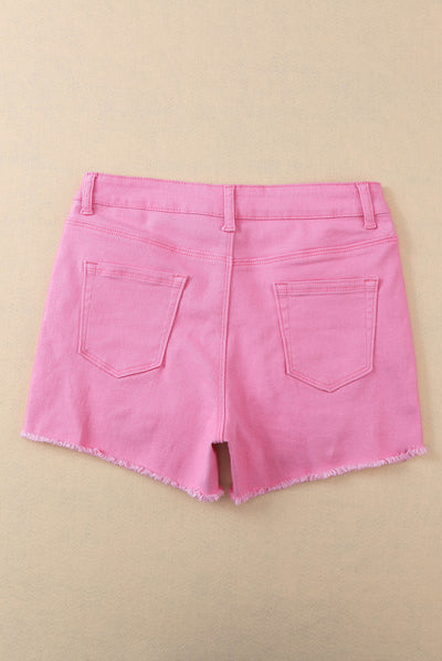 Rose Solid Color Distressed Denim Shorts