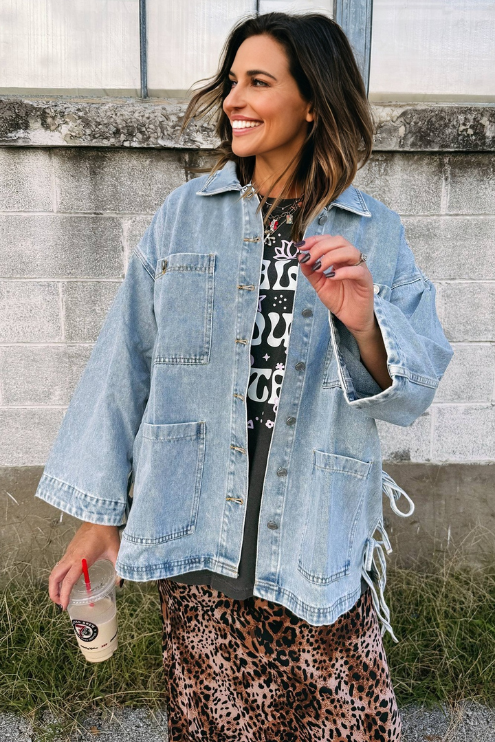 Beau Blue Multi Patched Pockets Side Tie up Boyfriend Style Denim Jacket