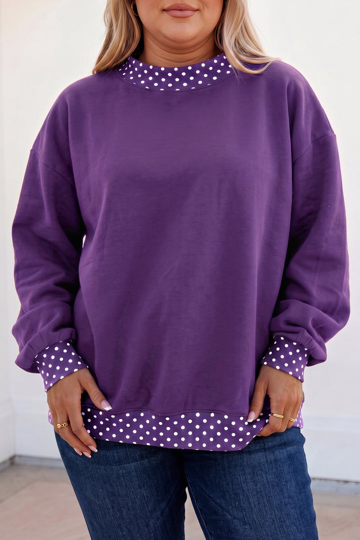 Tillandsia Purple Polka Dot Patchwork Round Neck Plus Size Sweatshirt