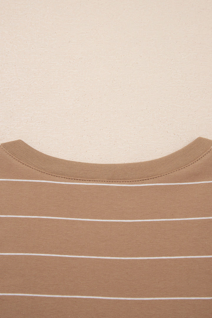 Khaki Stripe Casual Short Sleeve Side Slit Maxi T Shirt Dress