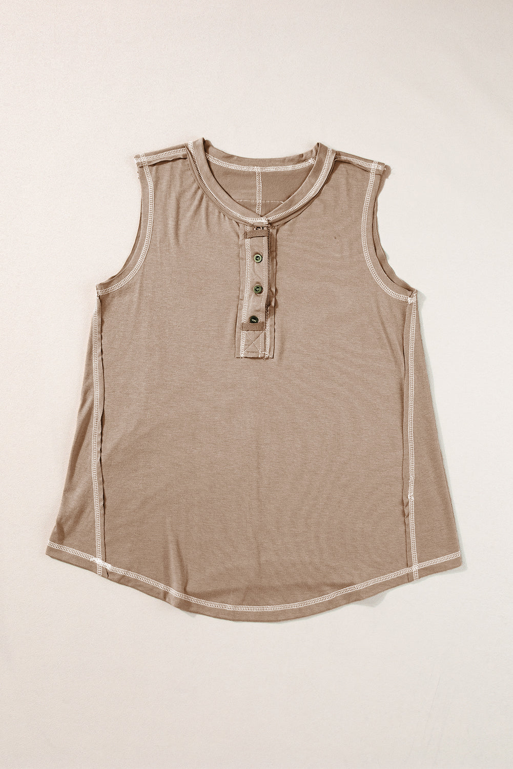 Light French Beige Contrast Stitching Exposed Seam Henley Tank Top