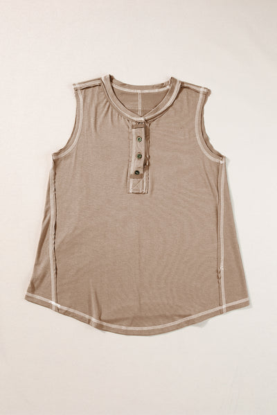 Light French Beige Contrast Stitching Exposed Seam Henley Tank Top