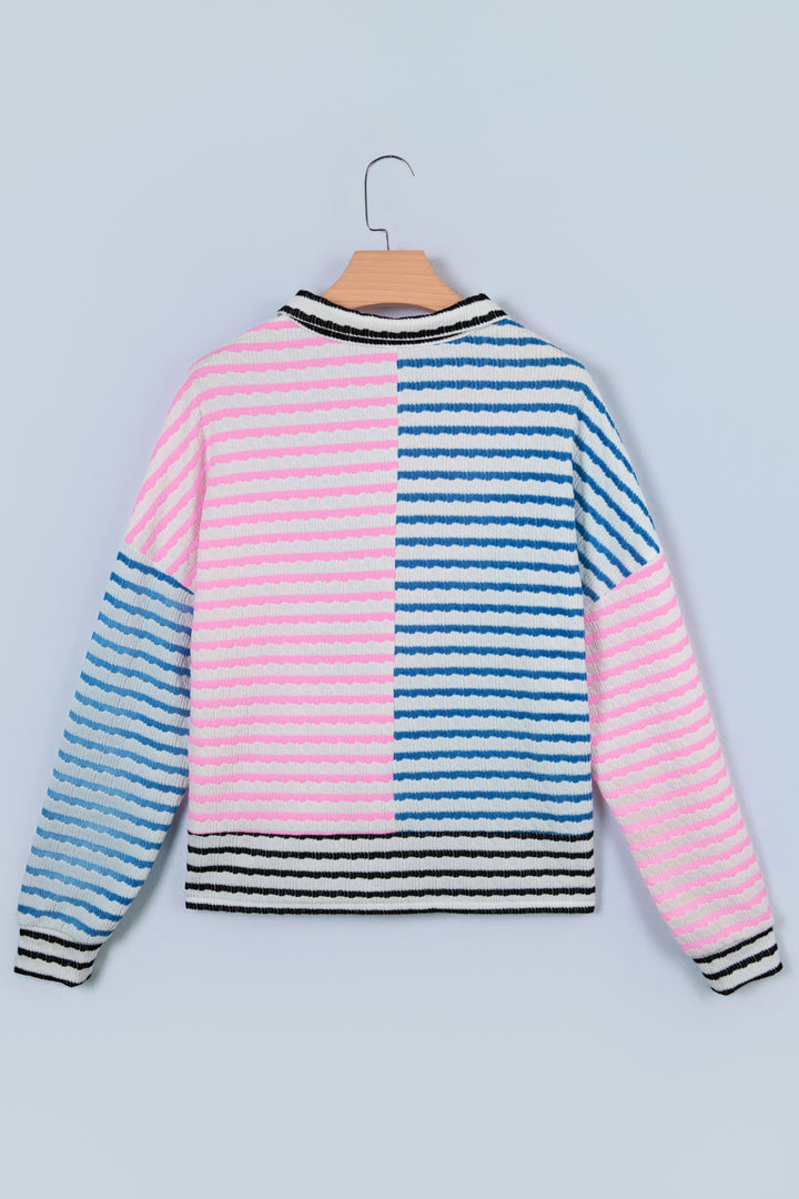 Multicolour Striped Color Block Patchwork Half Zip Drop Shoulder Long Sleeve Top