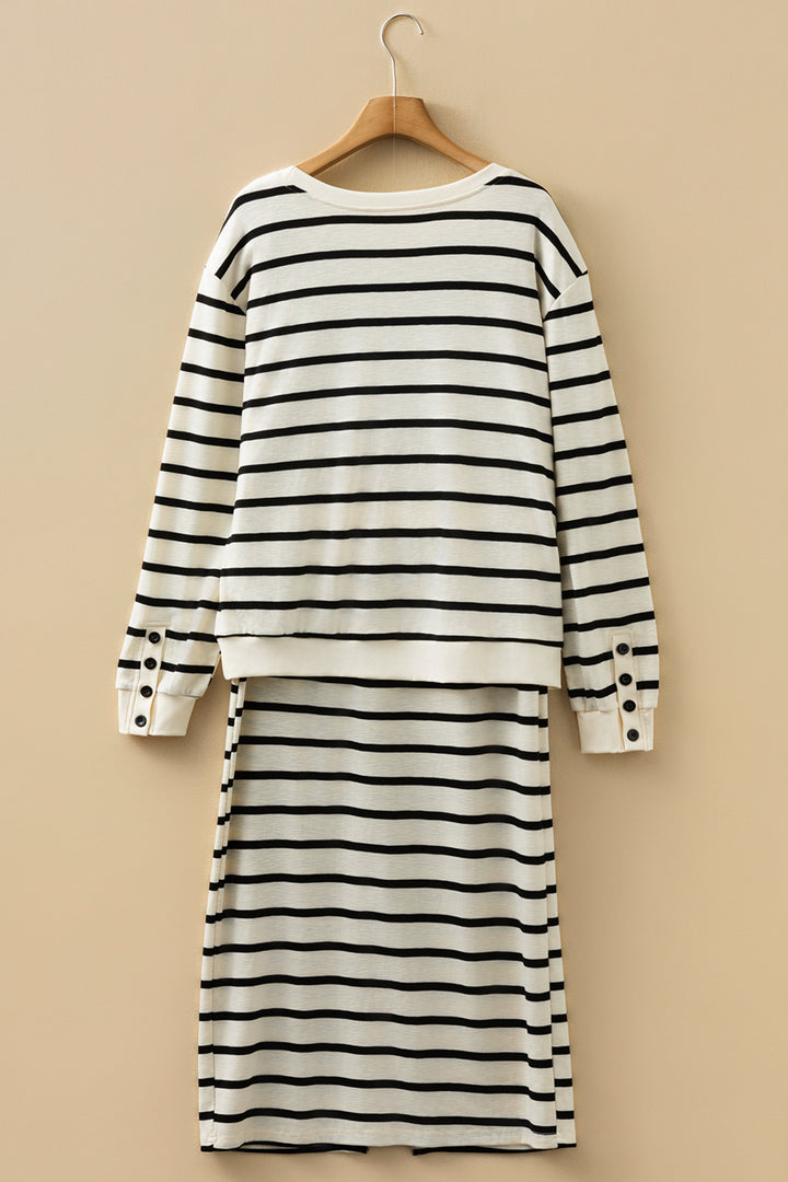 Black Stripe Ribbed Trim Button Cuff Long Sleeve Top Midi Skirt 2pcs Outfit