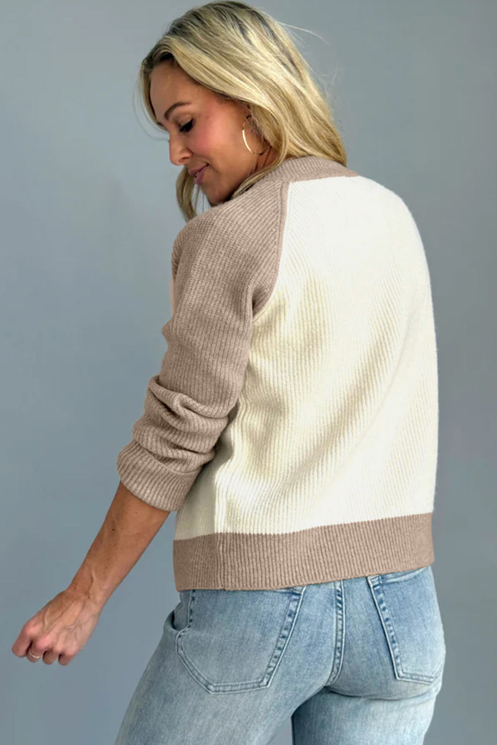 White Color Block Ribbed Knit Button Down Sweater Cardigan