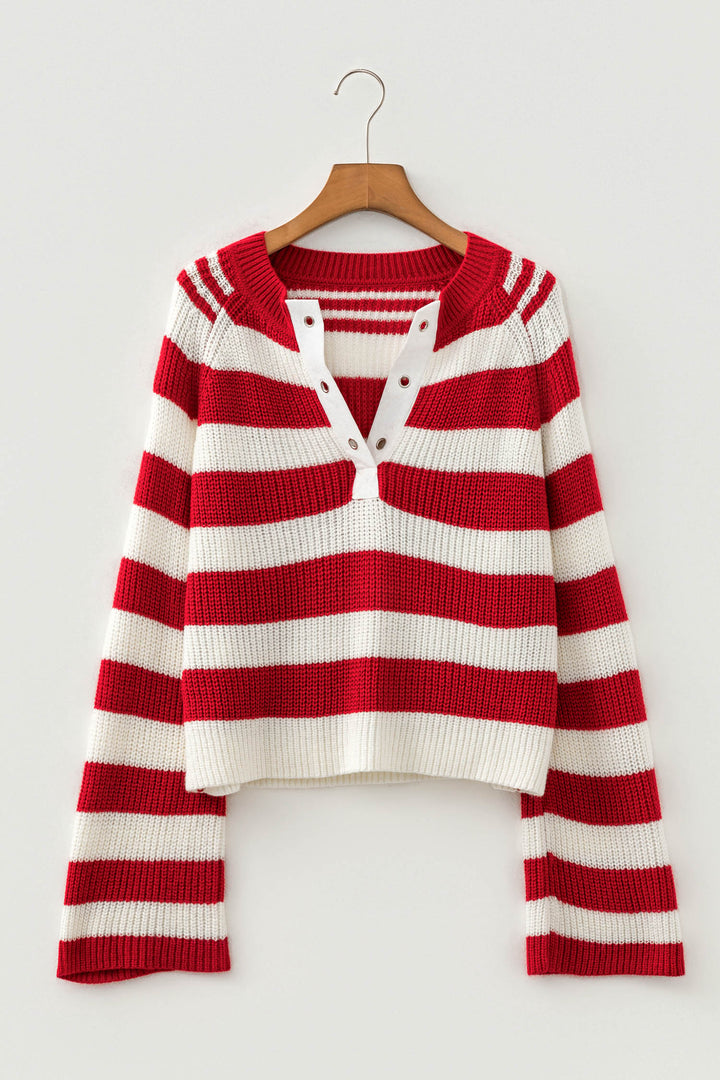Red Stripe Striped Colorblock V Neck Long Sleeve Shift Sweater