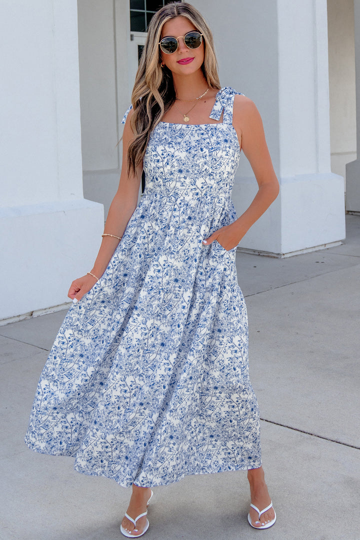 Sky Blue Floral Print Knot Straps High Waist Flared Maxi Dress