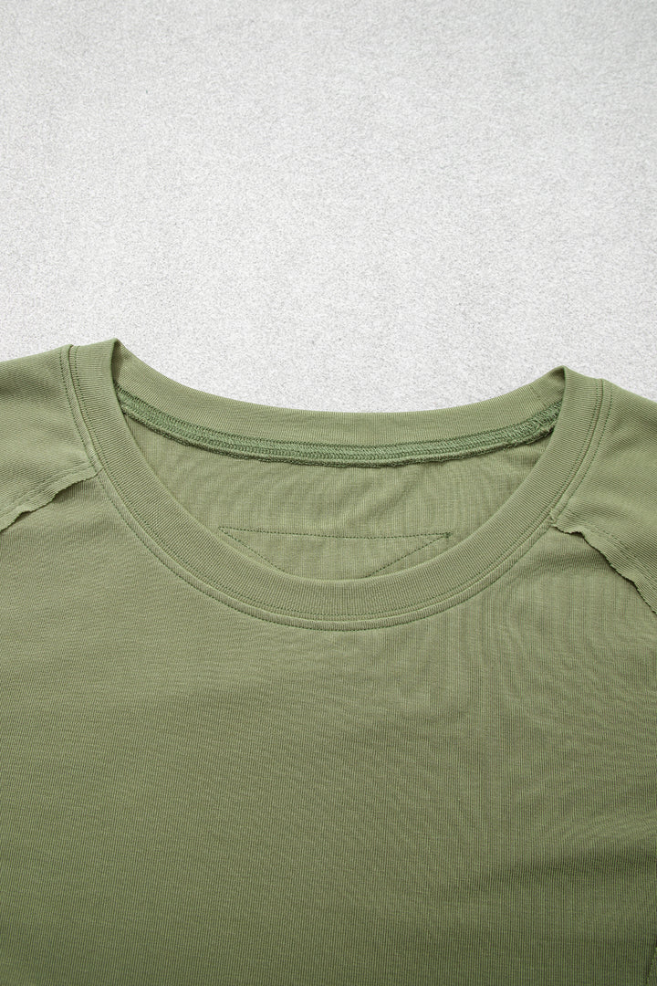 Guacamole Green Round Neck Paneling Long Sleeve Top