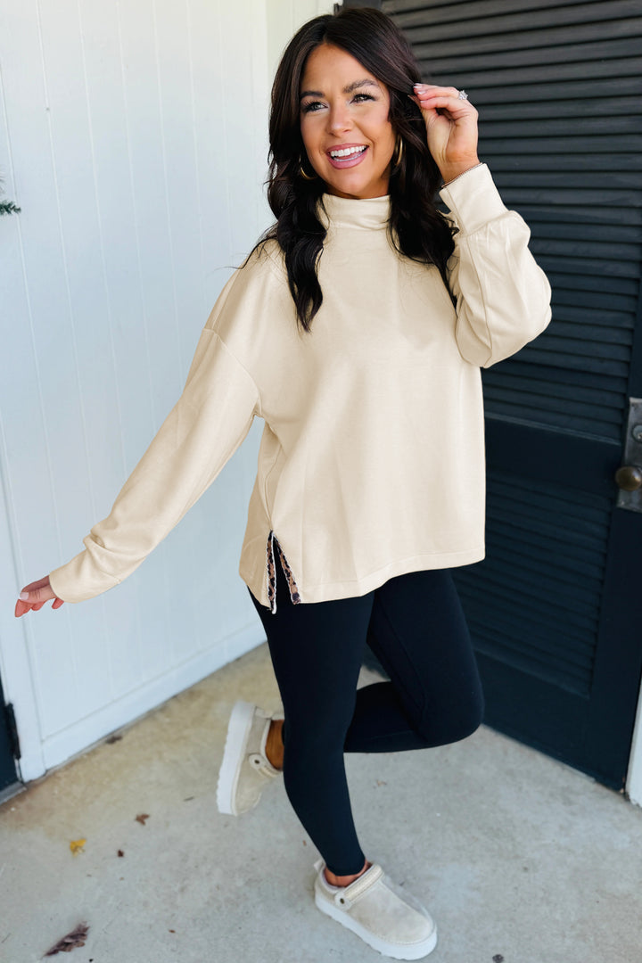 Beige Mock Neck Long Sleeve Leopard Detail Split Hem Top