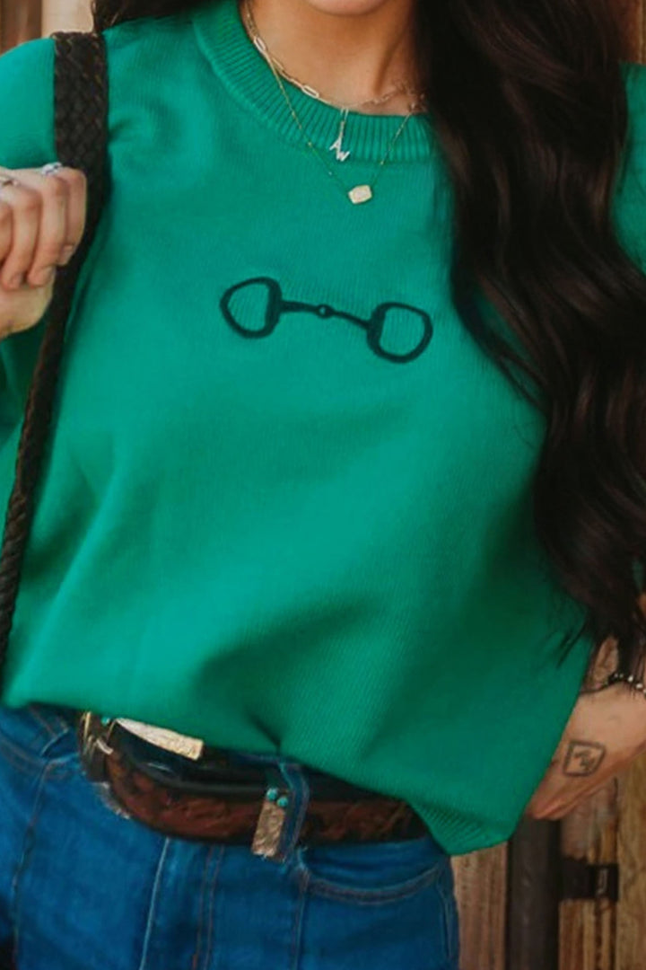 Bright Green Horse Bit Embroidered Loose Short Sleeve Sweater
