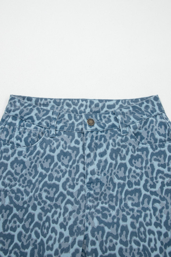 Gray Leopard Frayed Edge Wide Leg High Waist Jeans