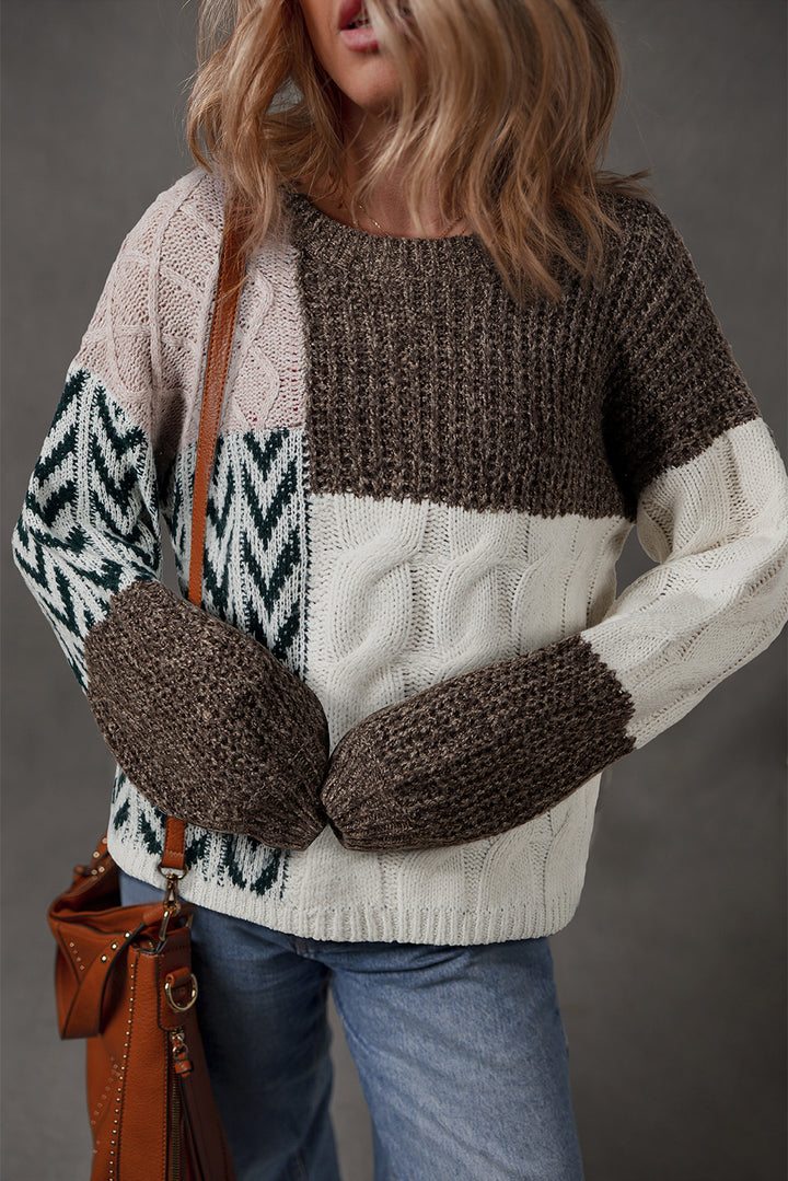 Brown Color Block Patchwork Knotted Back Loose Fit Sweater