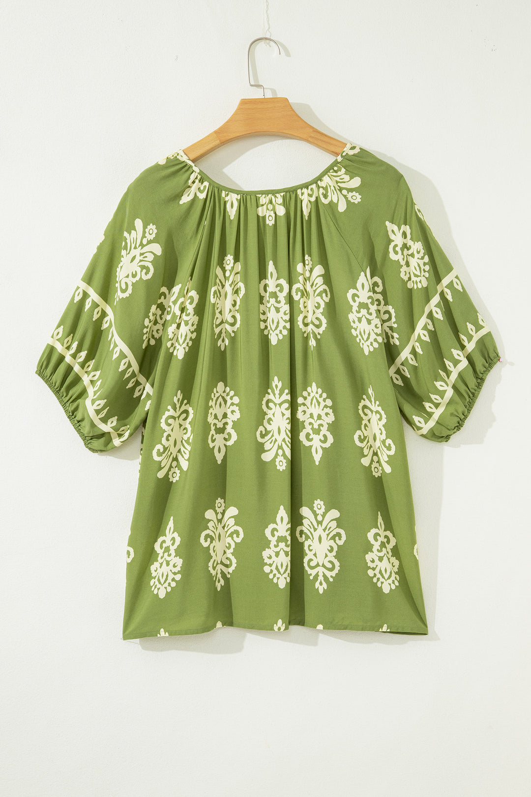 Green Boho Chic Notched V Neck Plus Floral Short Sleeve Top