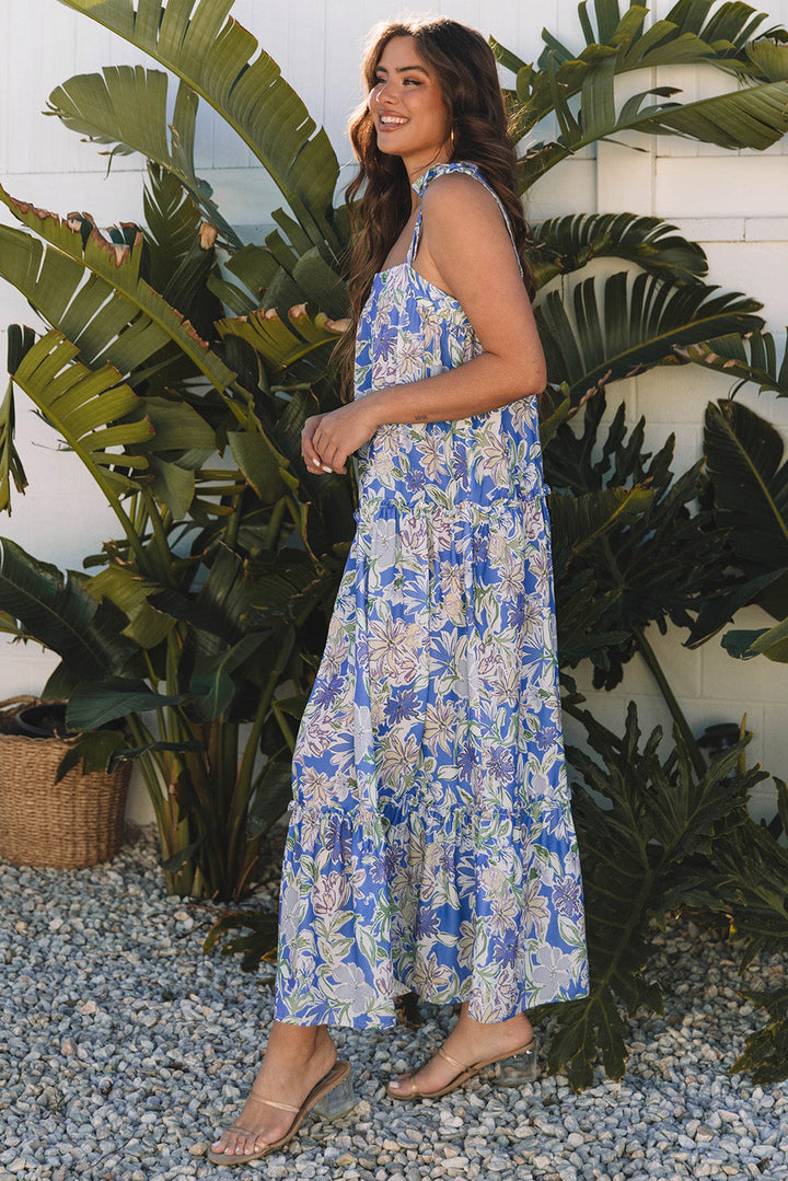 Katelyn Floral Self-tie Straps Ruffle Long Dress