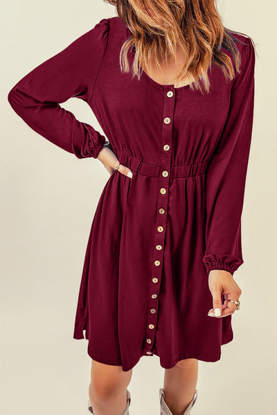 Fiery Red Button Up High Waist Long Sleeve Dress