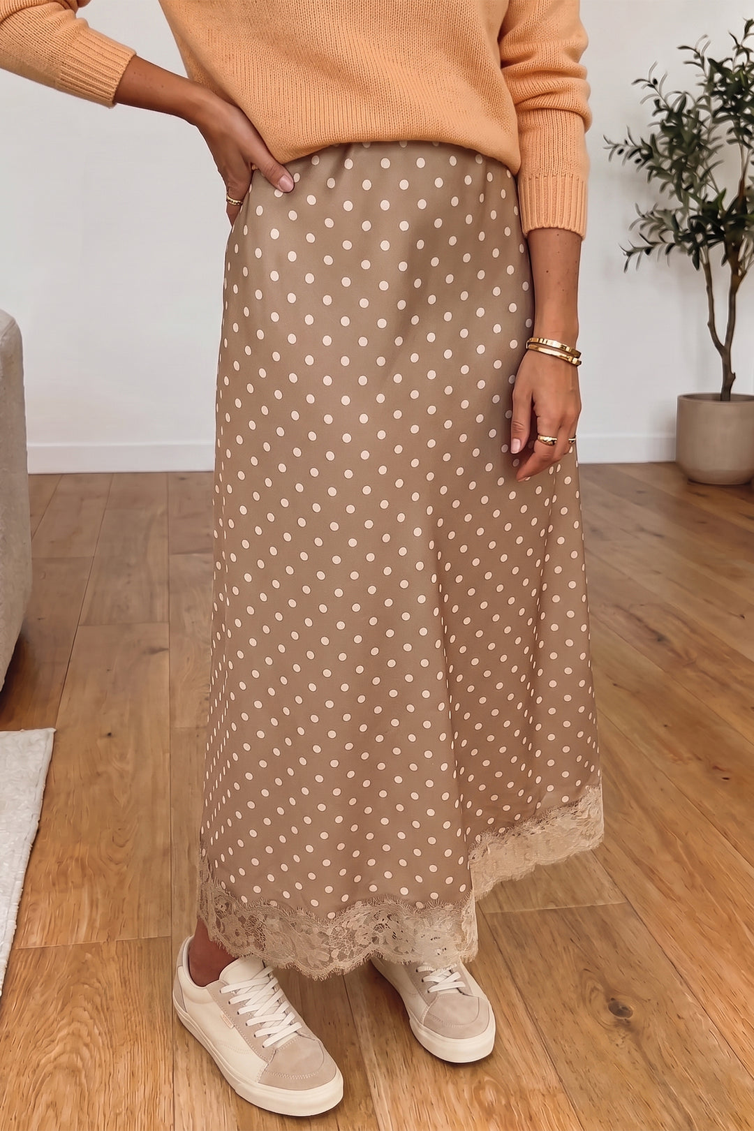 Brown Polka Dot Lace Hem Elegant Long Shift Skirt