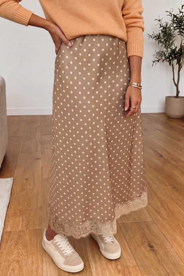 Brown Polka Dot Lace Hem Elegant Long Shift Skirt