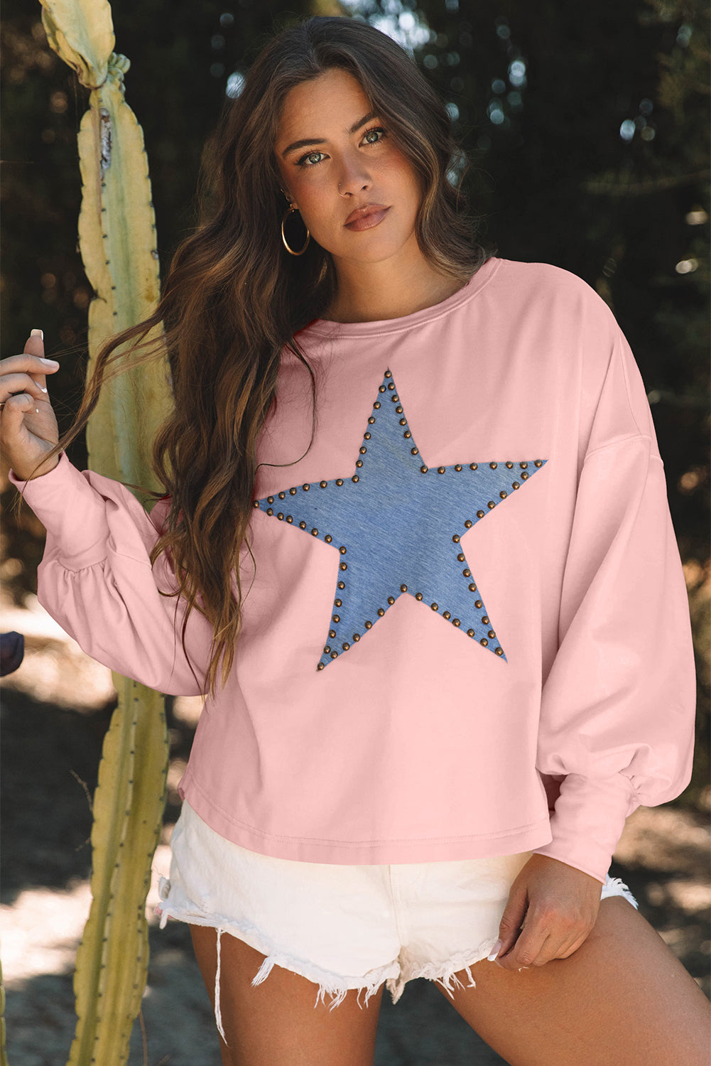 Gossamer Pink Studded Star Graphic Oversized Long Sleeve Top