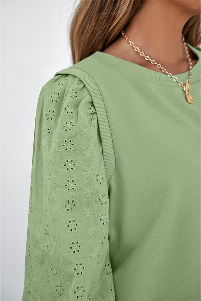 Mist Green Solid Patchwork Sleeve Round Neck Sweatshirt