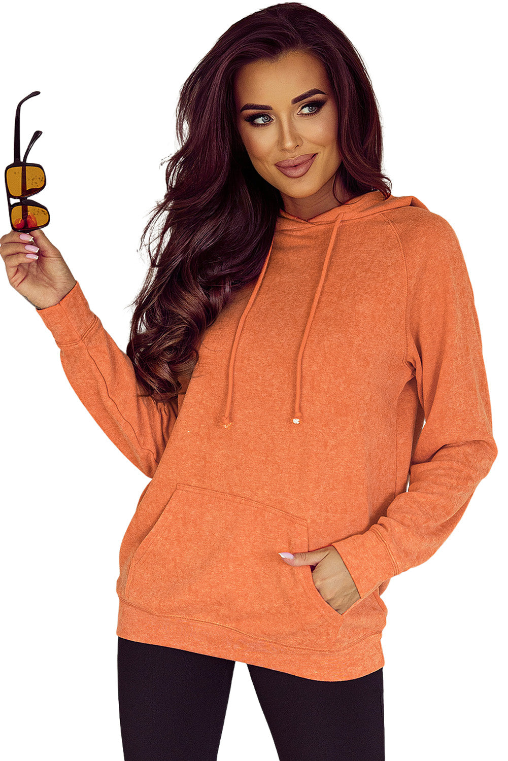 Orange Mineral Wash Kangaroo Pocket Drawstring Pullover Hoodie